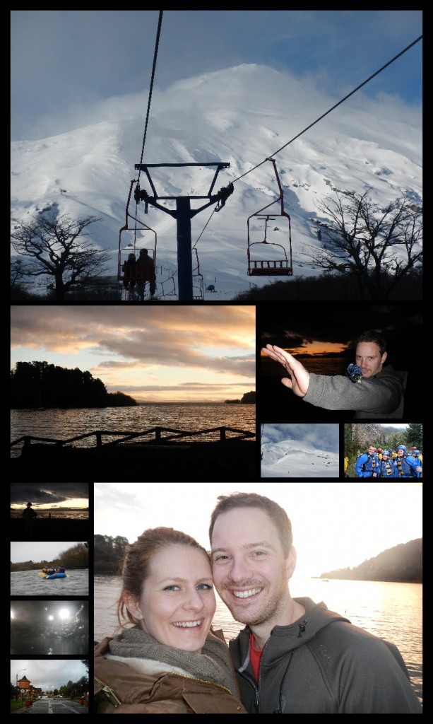 Chairlift and snow field on Volcano Varillica, Sunset on the lake, our White Water Rafting get up