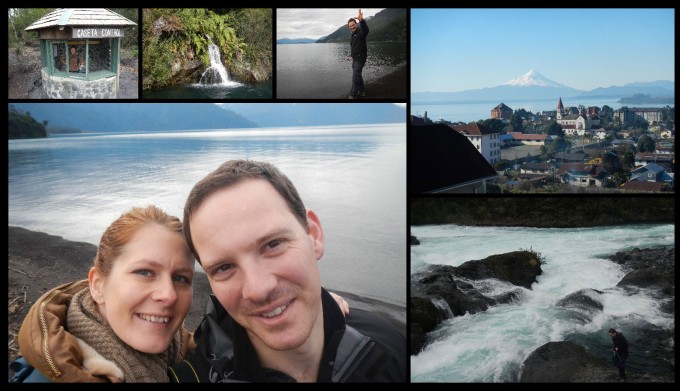 Left to Right: Lake Todos Los Santos, a Waterfall going into the Lake, The view from a hill in Puerto Vars and rapids leaving the Lake