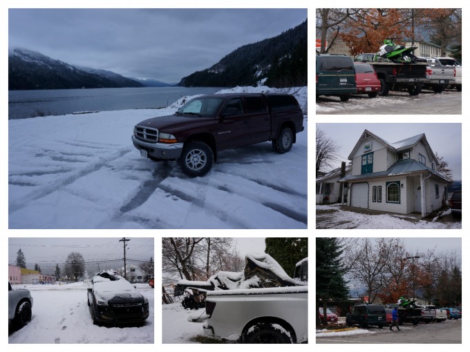 Last weekend around town: Trucks with Sleds on the back is a COMMON sight, the house is the place we stayed while looking for a place, the snow on the car was last weekends fall overnight.